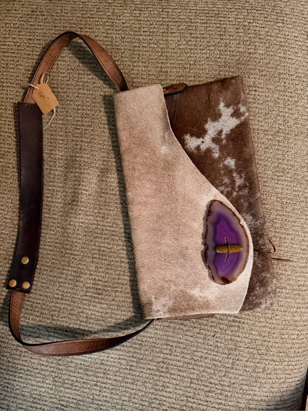 Handcrafted Brown and Cream Cowhide Crossbody Bag with Purple Agate Accent